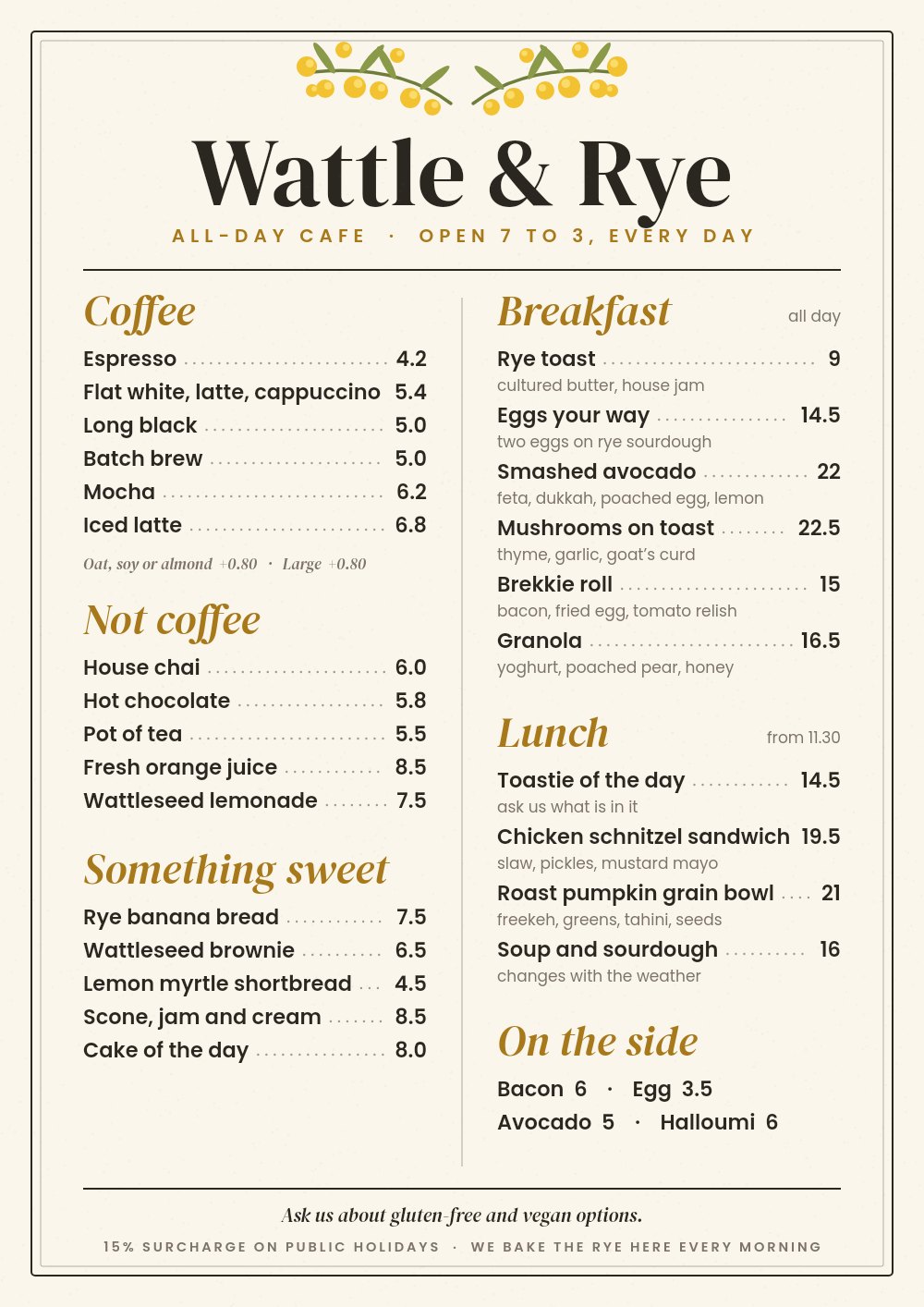 Sample café menu for Wattle & Rye